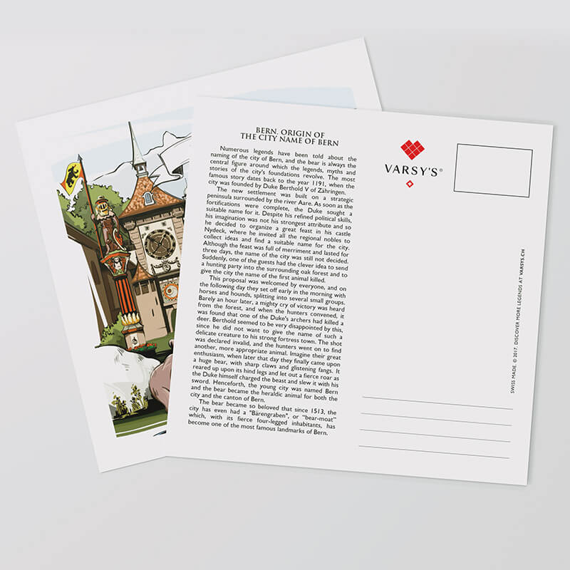 [:en]The perfect Swiss gift: Swiss-made Bern postcards display the full legend text on the back.[:][:de]Das perfekte Schweizer Geschenk: Unsere Postkarten von Bern zeigen den vollständigen Legendentext auf der Rückseite.[:]