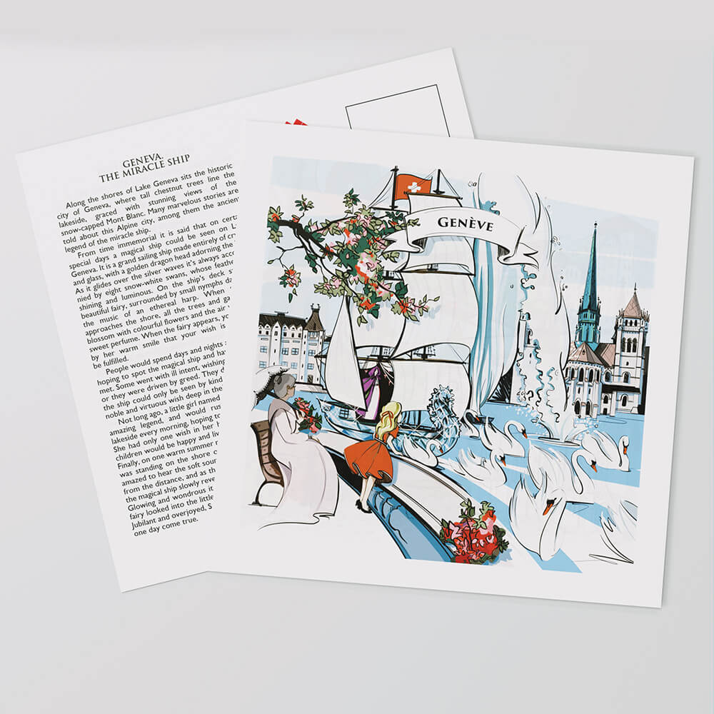[:en]Lovingly and hand-painted artwork on the front of the Geneva postcards show a piece of Swiss culture.[:][:de]Liebevoll handgemalte Kunstwerke auf der Vorderseite der Genfer Postkarten zeigen ein Stück Schweizer Kultur.[:]