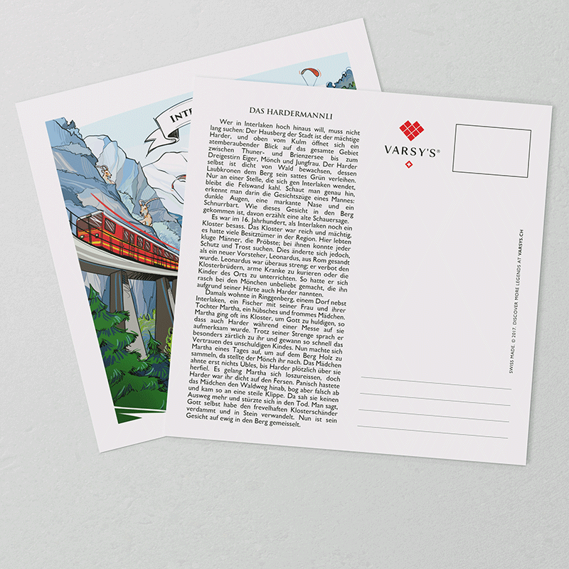 [:en]A piece of Swiss culture: Swiss-made Interlaken postcards display the full legend text on the back.[:][:de]Ein Stück Schweizer Kultur: VARSY’S legendäre Interlaken Postkarten zeigen den vollständigen Legendentext auf der Rückseite.[:]