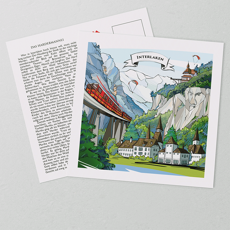 [:en]Swiss-made Interlaken postcards display a Swiss artwork on the coated front of the card.[:][:de]VARSY’S Legendäre Interlaken Postkarten zeigen ein Schweizer Kunstwerk auf der beschichteten Vorderseite der Karte.[:]