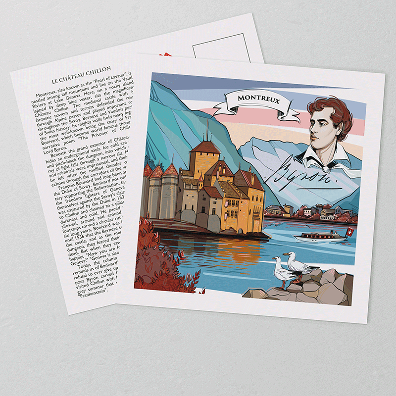 [:en]Swiss-made Montreux postcards have a coated front, that protects the hand-painted artwork.[:][:de]In der Schweiz hergestellte Montreux Postkarten haben eine beschichtete Vorderseite, die die Schweizer Legende von Chateau Chillon zeigt[:]