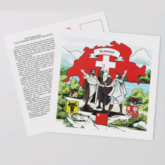 [:en]Share Swiss culture with VARSY'S Switzerland postcards![:][:de]Auf der Vorderseite von VARSY’S Legendären Postkarten sind das Schweizer Kreuz und die Schweizer Helden beim Abgeben des Rütlischwur abgebildet.[:]