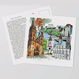 [:en]Basel postcards display a hand-painted artwork in the front and the full legend text on the reverse side.[:][:de]Das perfekte Schweizer Souvenir: Die Basler Postkarten zeigen auf der Vorderseite ein handgemaltes Kunstwerk und auf der Rückseite den vollständigen Legendentext.[:]