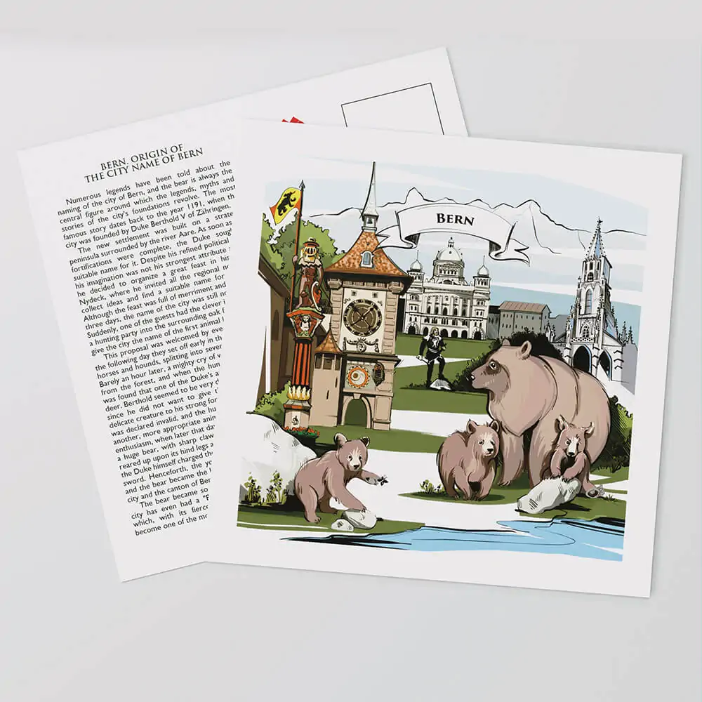 [:en]Lovingly and hand-painted artwork on the front of the Bern postcards show a Swiss legend of Bern.[:][:de]Liebevolle und handbemalte Illustration auf der Vorderseite der Berner Postkarten zeigen die Schweizer Legende und Geschichte von Bern.[:]