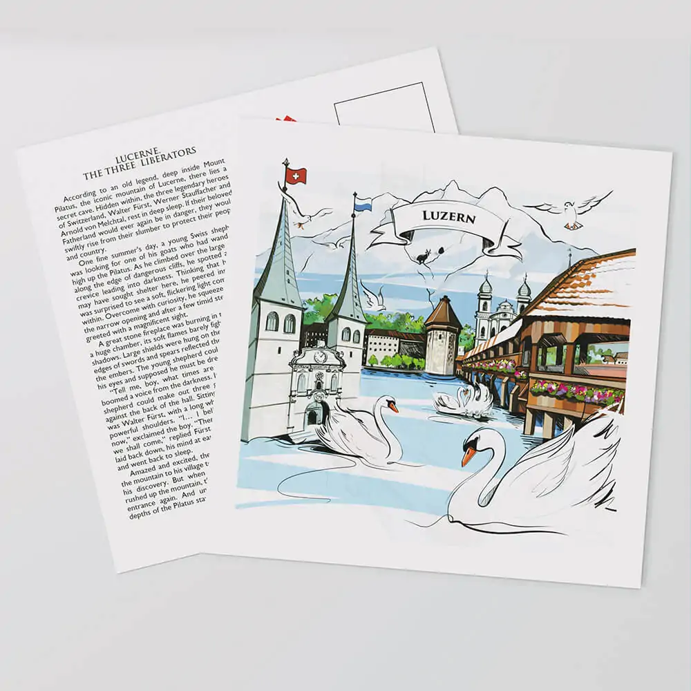 [:en]Swiss-made Luzern postcards with hand-painted artwork and the full legend text on the reverse side.[:][:de]In der Schweiz gefertigte Luzern-Postkarten mit handgemalter Grafik und dem vollständigen Legendentext auf der Rückseite.[:]