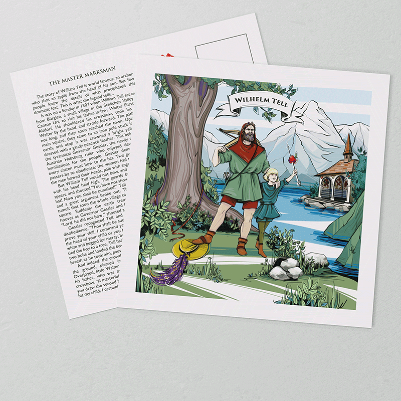 [:en]Legend of William Tell: Artwork on the front of VARSY'S William Tell postcards show the Swiss legend.[:][:de]Wilhelm Tell Geschichte: Auf der Vorderseite von VARSY'S Wilhelm Tell Postkarten ist die Schweizer Legende des Schweizer Helden abgebildet.[:]